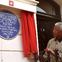 Nelson Mandela, unveils an English Heritage Blue Plaque to Ruth First and Joe Slovo, Camden, London.