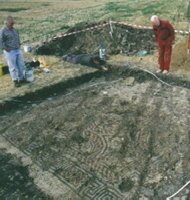 Well preserved remains can be close to the surface, this Roman mosaic in Warwickshire has been damaged by deep ploughing.