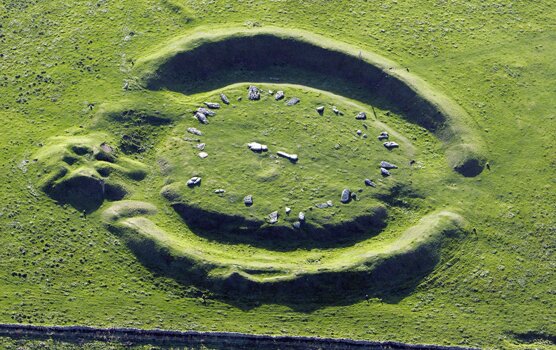 Aerial view of Arbor Low Stone Circle and Gib Hill