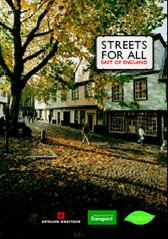 The front cover of Streets for All: East of England which shows people walking through the leaf-covered market place in Elm Hill, Norwich